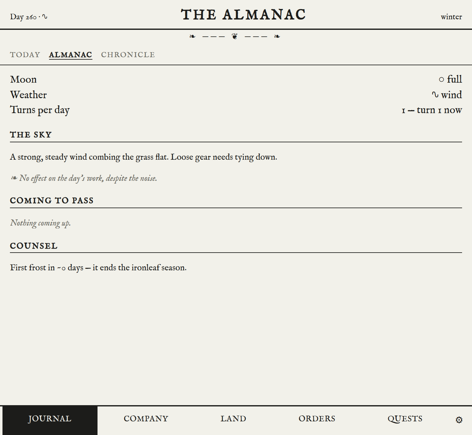 The almanac: a full moon, wind, one turn per day, a description of the sky, and a note that the first frost is due and will end the ironleaf season.