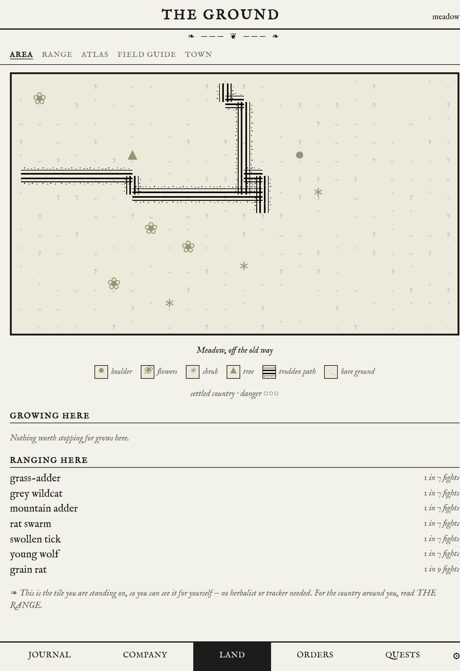 The ground screen. A drawn plan of one meadow tile showing trodden paths, trees, flowers and boulders, then a list of what grows here and the seven beasts that range across it, each with the odds of running into it.