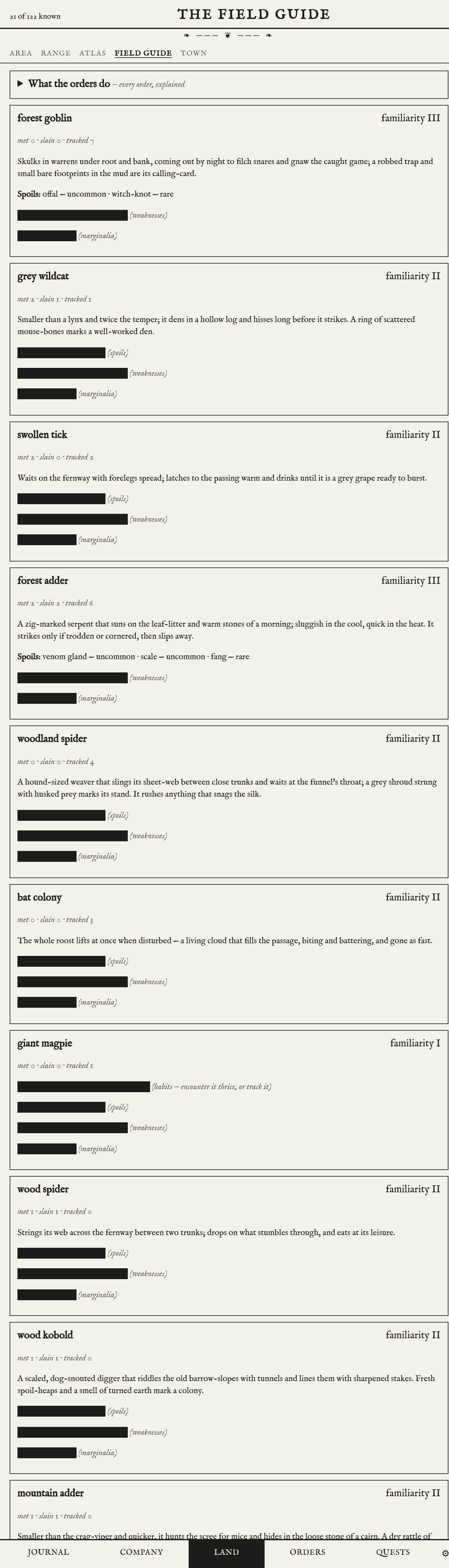 The field guide, twenty-one entries known of a hundred and twenty-two. Each beast has a description, a familiarity rating and rows blacked out where the company has not learned that part yet.