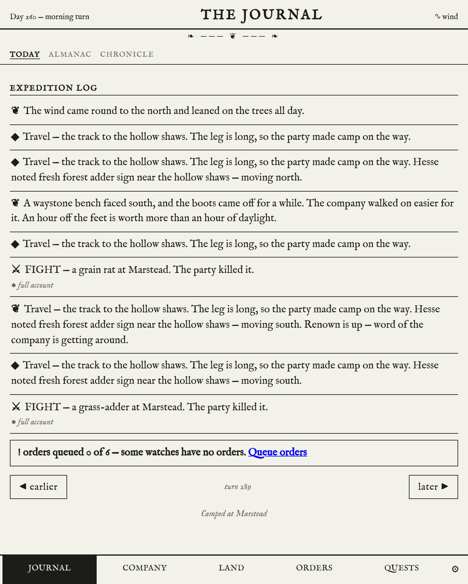 The game's journal screen. A day's expedition log: a north wind, three legs of travel toward the hollow shaws with fresh adder sign noted, a rest at a waystone bench, and two fights the party won.