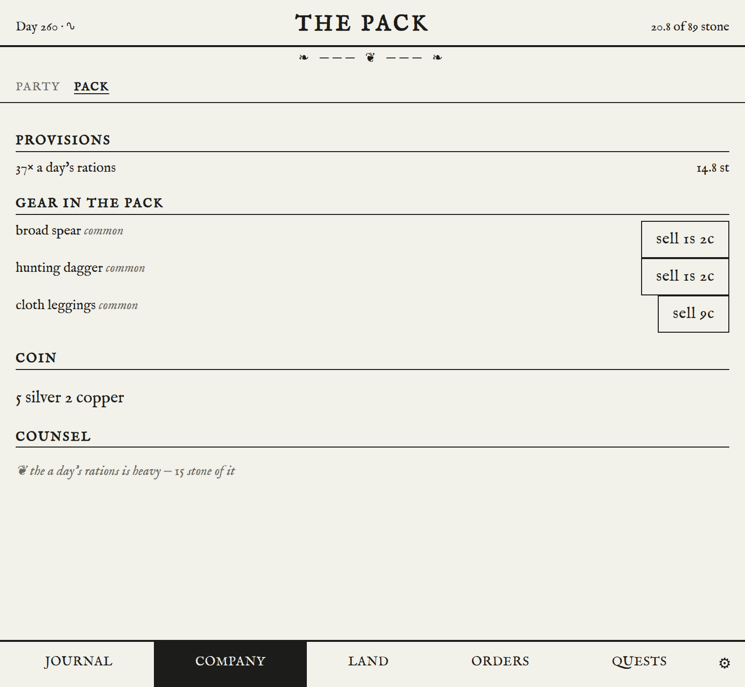 The pack screen: thirty-seven days of rations, three pieces of gear with prices to sell them at, the company's coin, and a note that the rations are the heaviest thing being carried.