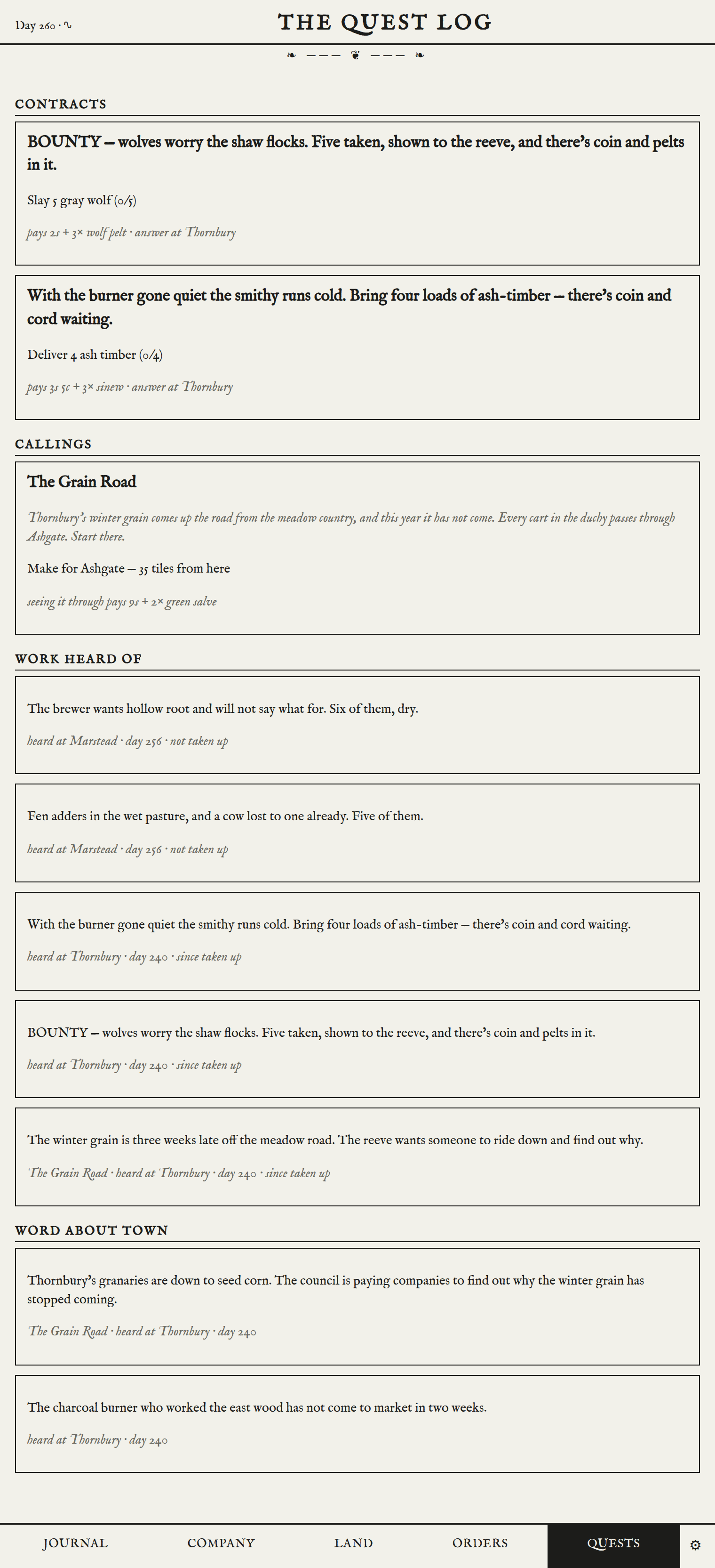 The quest log. Two contracts with progress counters, a calling called The Grain Road with its next step and its pay, then rumours the company has heard in various towns but not taken up.