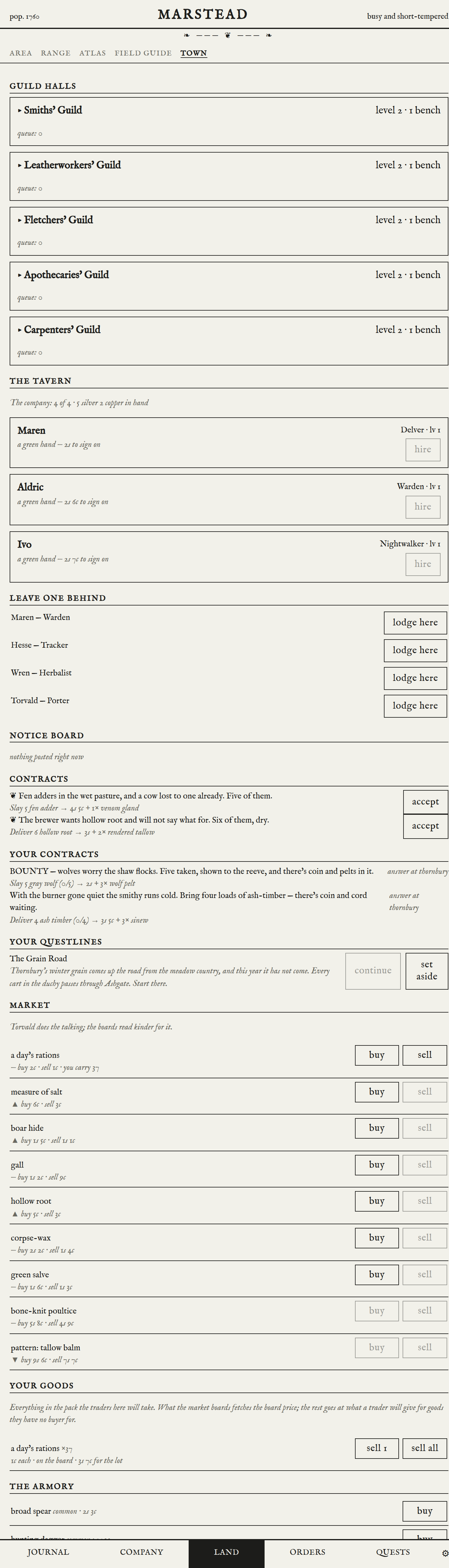 The town screen for Marstead: five guild halls, three recruits drinking in the tavern, a notice board, contracts taken and offered, a questline, and a market listing buy and sell prices for a dozen goods.